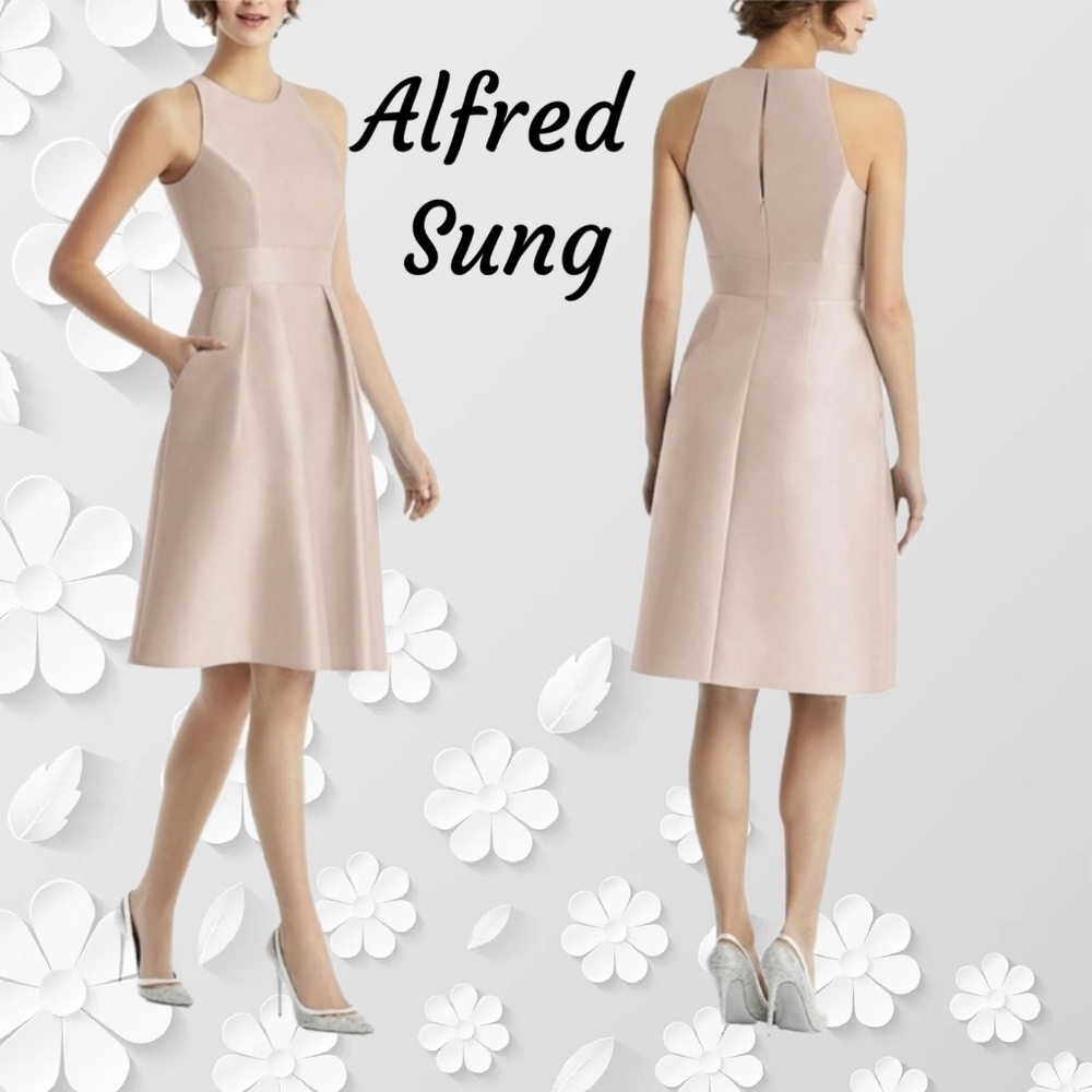 Alfred Sung Cocktail Dress Womens Sz 12 Nude Tan Beige Satin High Neck Pockets